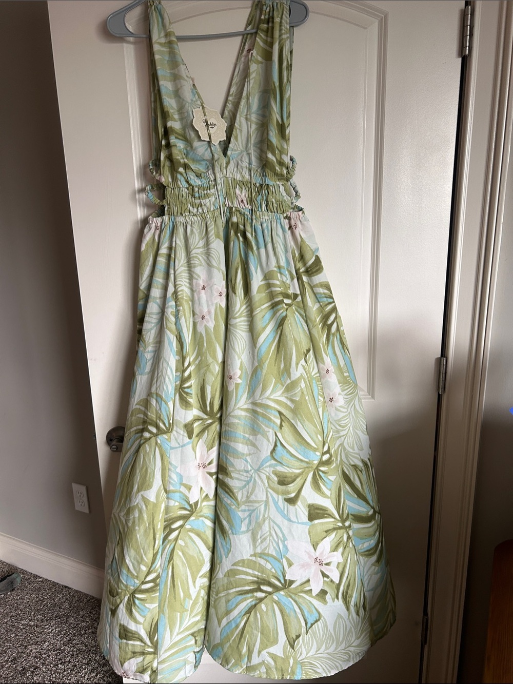 Women Floral Print Sundress with Smocked Waist - Light Green & Blue